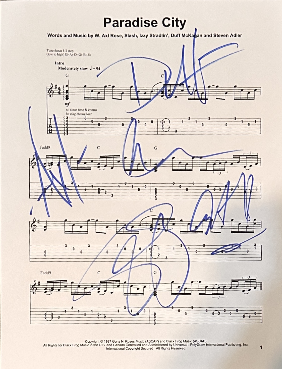 Guns and Roses Autographed SHEET Music
