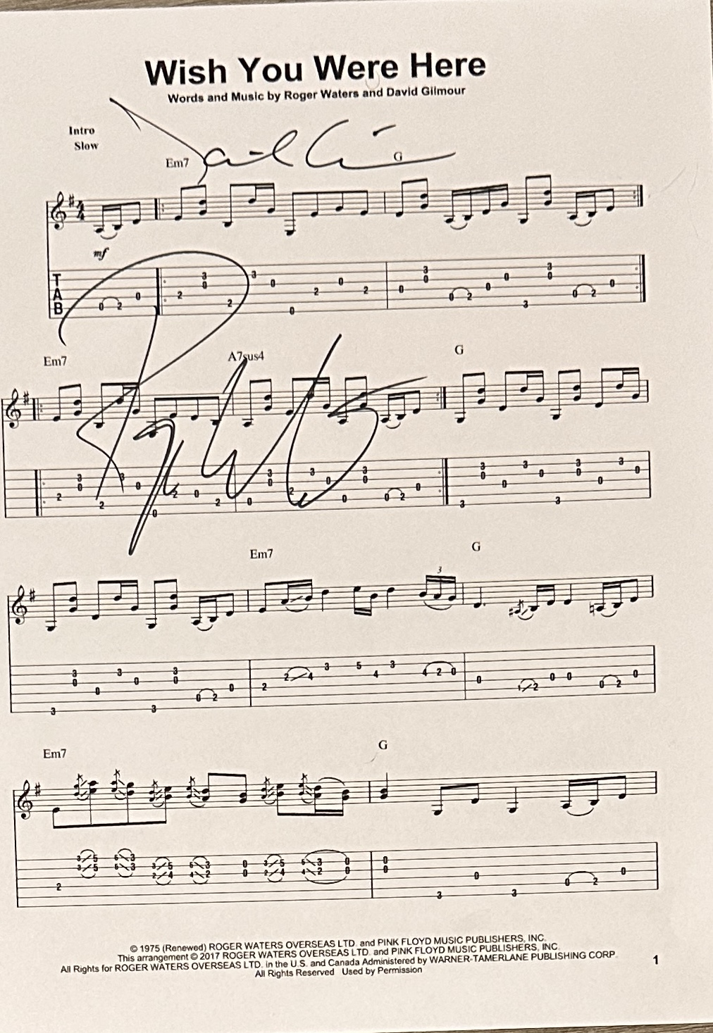 DAVID GILMOUR ROGER WATERS Autographed Sheet Music