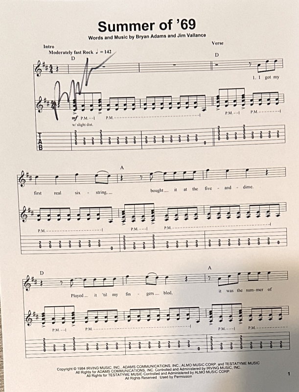 Bryan Adams Autographed SHEET MUSIC 
