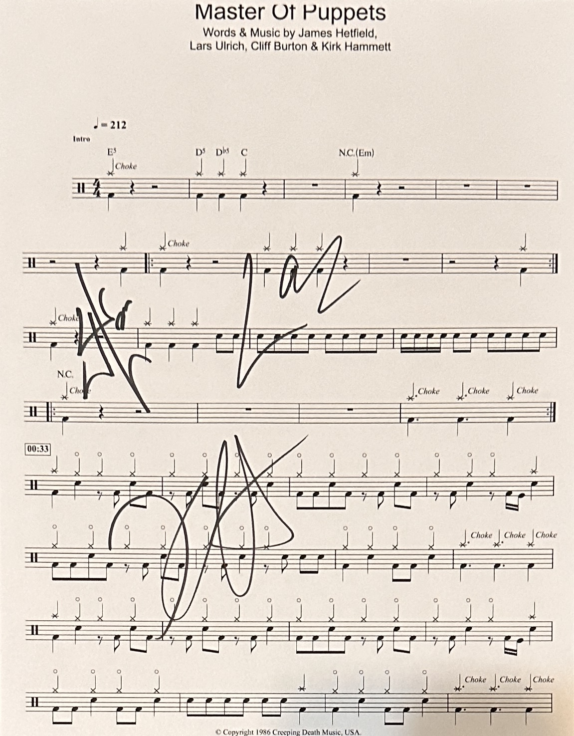 Metallica Autographed Sheet Music JAMES KIRK LARS