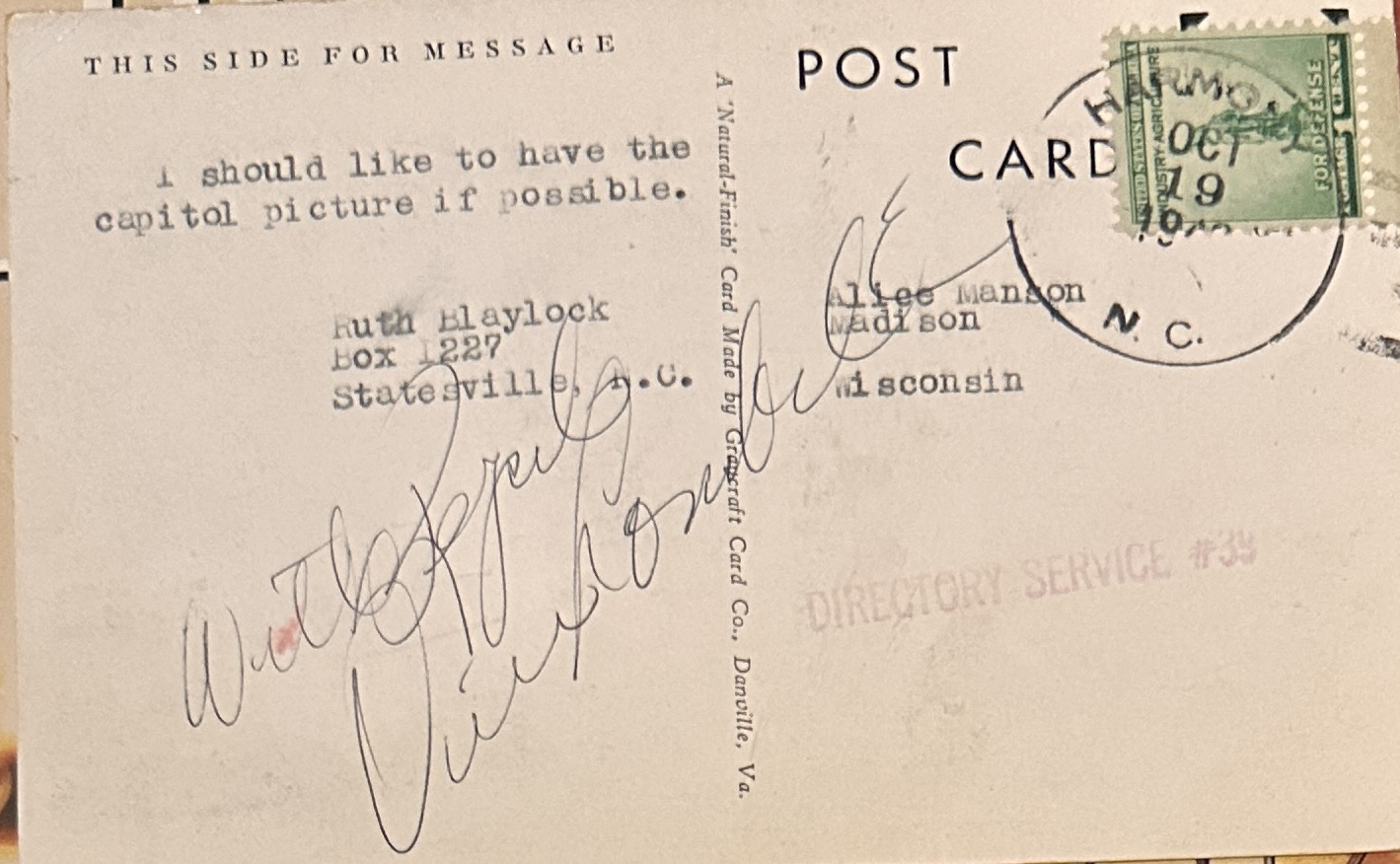 Vince Lombardi Autographed Post card 